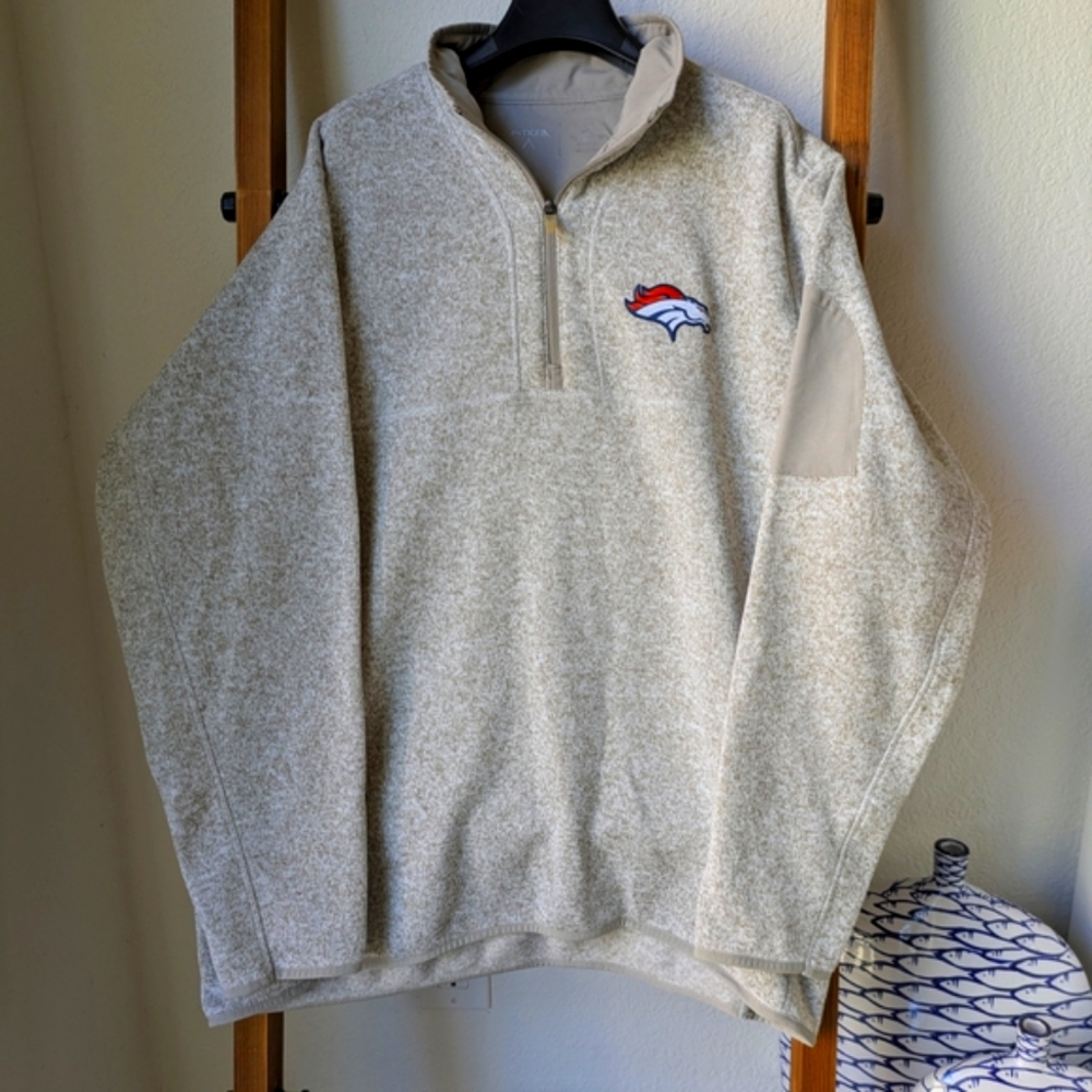 Antigua Men's NFL Denver Broncos Oatmeal Quarter-Zip Pullover Sweatshirt - 2XL